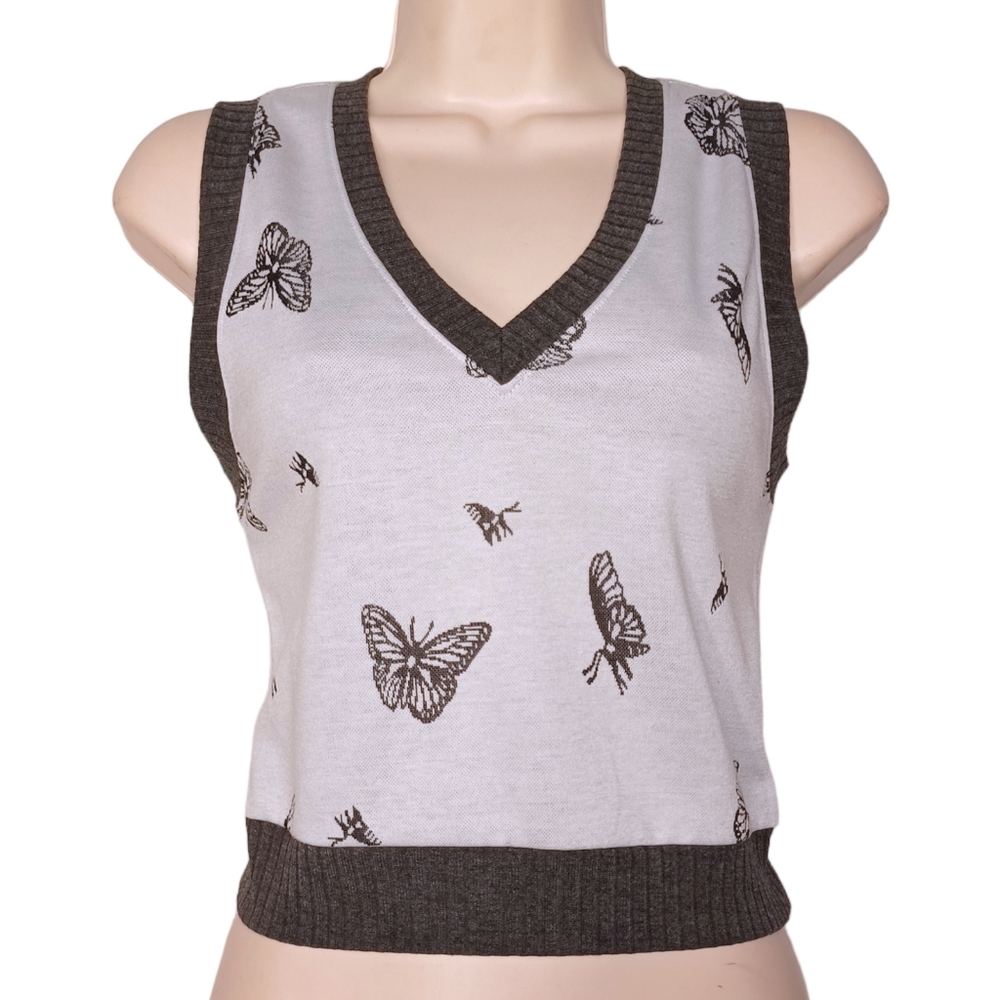 MIXED THREADS Gray Butterfly Novelty Print V-Neck Sleeveless Sweater Top Medium